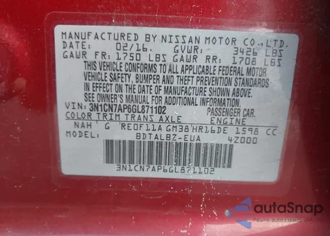 2016 Nissan Versa 1.6 Sv из США, поврежденный, VIN 3N1CN7AP6GL871102